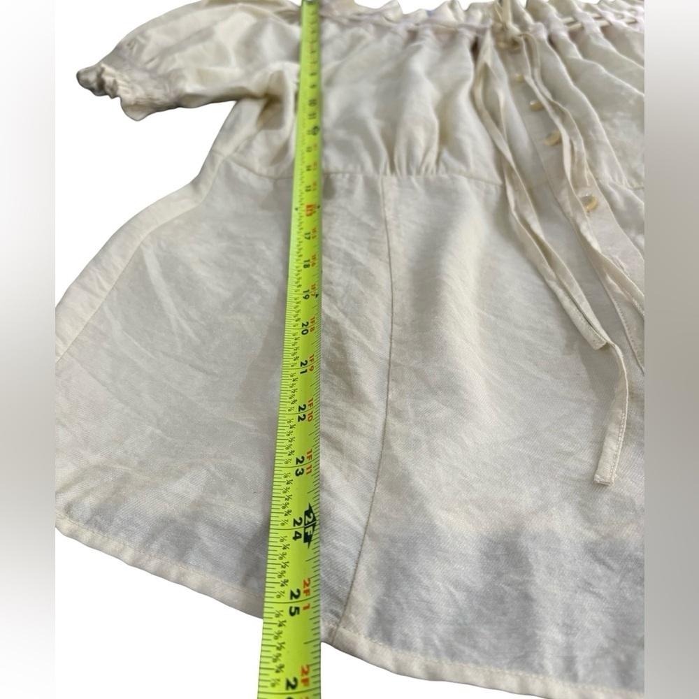 Caribbean Joe Pale Yellow Shimmer Peasant Blouse Size L Boho Tie Neck - Picture 3 of 9